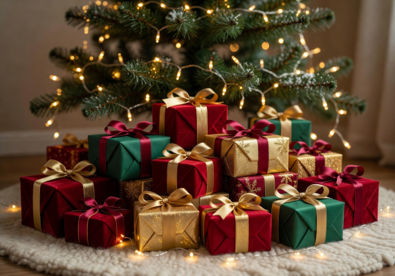 Beautifully wrapped Christmas gifts under warm glowing lights