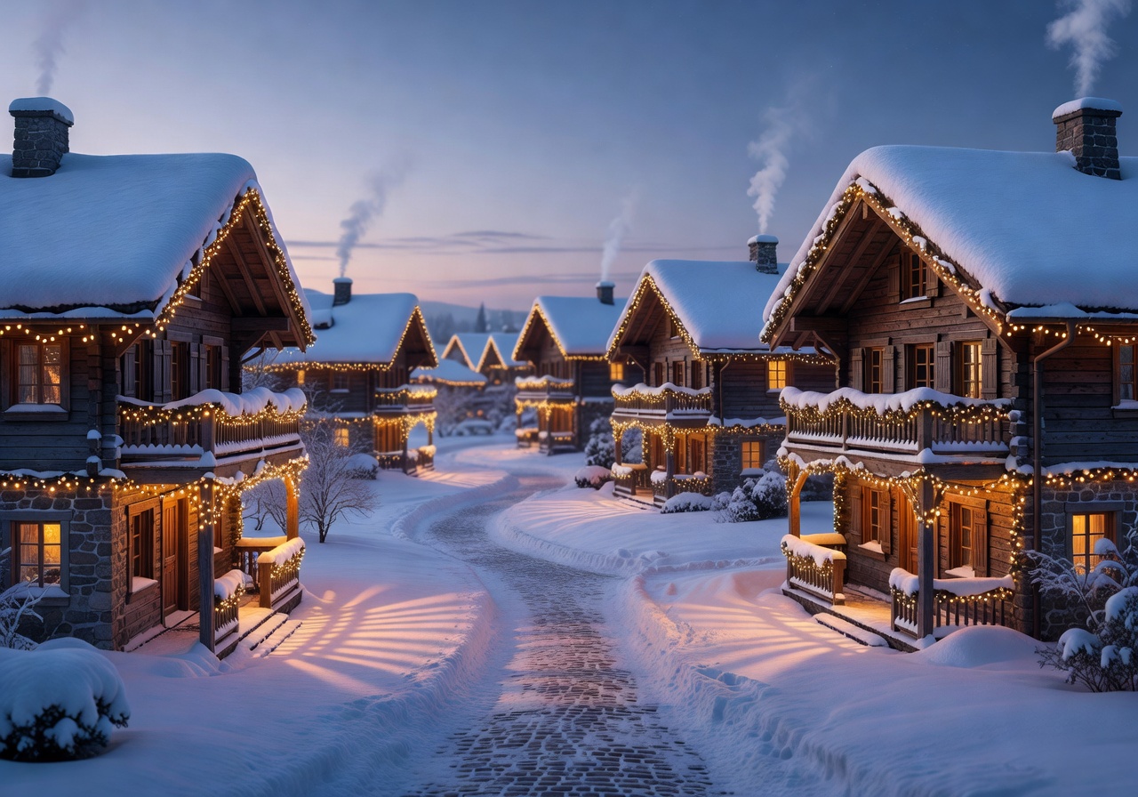 Cinematic luxury winter village covered in snow with glowing Christmas lights