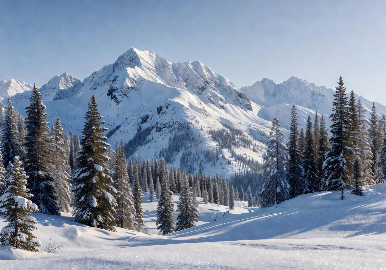 Snowy mountain peaks and pine trees in a beautiful winter landscape